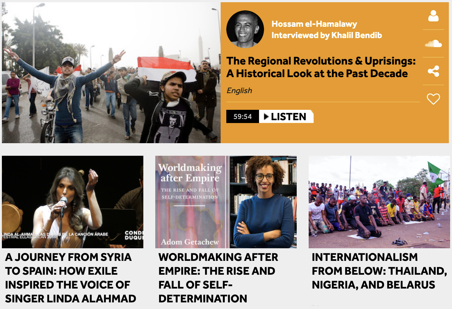 A screenshot of the Status website, featuring images of protests in the Arab Uprisings, Linda Alahmad performing a song, Adom Getachew and her new book, and prayers during the protests against police brutality in Nigeria