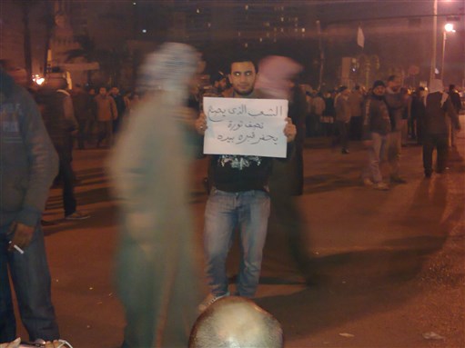 [Sign: “People who produce half a revolution dig their own grave.” Image by Goha.]