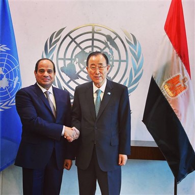 [President Abdel-Fattah Al-Sisi meeting with UN Secretary General Ban Ki-moon in New York. Photo from the Official Facebook Page of President Abdel-Fattah Al-Sisi]