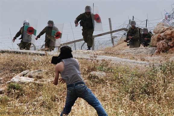 [A Palestinian confronts a group of charging Israeli Soldiers: Photo taken by Edo Medicks uploaded from Flickr.]