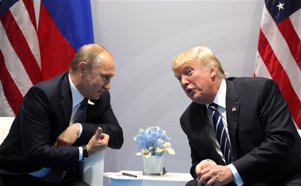 Vladimir Putin and Donald Trump meet at the 2017 G-20 Hamburg Summit, via Wikimedia Commons
