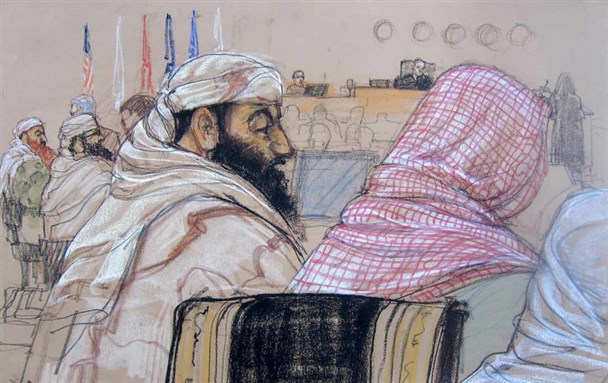 A courtroom sketch of the defendants, from left: Khalid Sheikh Mohammed, Walid bin al-Attash, Ramzi bin al-Shibh, Ammar al-Baluchi, and Mustafa al-Hawsawi. Art by Janet Hamlin.