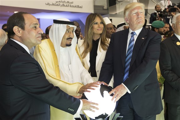 President Donald Trump and First Lady Melania Trump join King Salman bin Abdulaziz Al Saud of Saudi Arabia, and the President of Egypt, Abdel Fattah Al Sisi meet for the opening of the opening of the Global Center for Combating Extremist Ideology, via Wikimedia Commons.