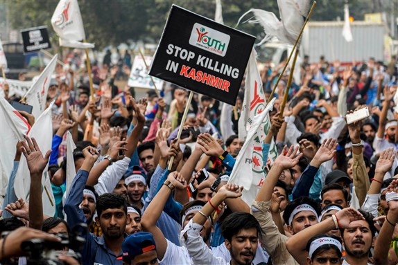 Students of Youth Forum march during an anti-occupation protest in Lahore, Pakistan on October 27, 2018. Kashmiri protesters are observing 'Black Day' to mark the occupation of Jammu and Kashmir by India.