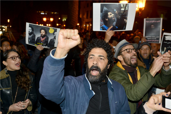 Demonstrators during a protest in support of Omar Radi on Saturday in Rabat, Morocco. (Str/Afp Via Getty Images) (STR/AFP via Getty Images)