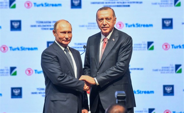 Russian President Vladimir Putin and President of Turkey Recep Tayyip Erdogan at the opening of the Natural Gas Pipeline (turkstream) 19 November 2018. Image via Shutterstock.