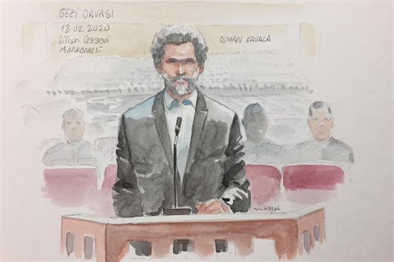 Detained philanthropist Osman Kavala sketched by Murat Başol during the recent hearing of the Gezi Trial at the Silivri criminal court.