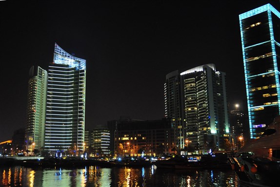 A night view of the waterfront towers in Zaitunay Bay, Downtown Beirut. Image via Wikimedia Commons.