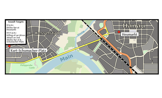 Assault targets in Hanau, 19 February 2020. Via Wikimedia Commons.
