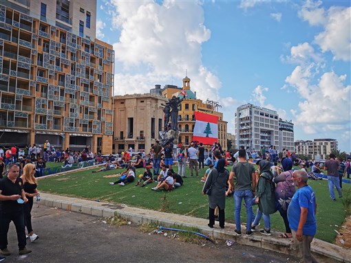Beirut / Lebanon - August 9 2020: Beirut demonstrations after massive blast. For the second day in a row, Lebanese protestors fill Beirut's Martyrs' Square with hopes to overthrow the current regime.