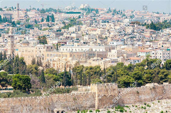 View of Jerusalem old city and old wall from the Mount of Olives via Shutterstock