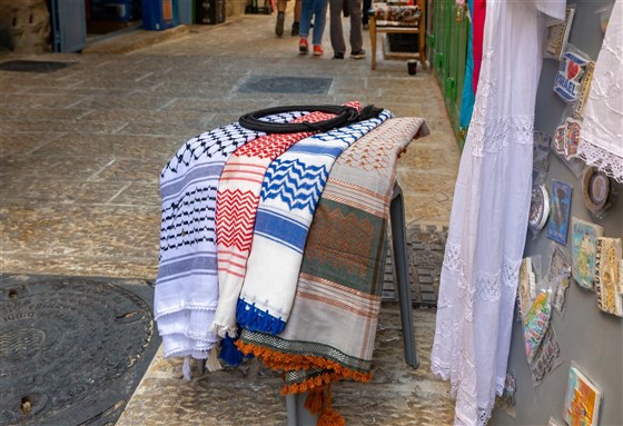 Jerusalem, Israel, November 14, 2020 : Arab headdresses with national ornaments are sold in the oriental bazaar called Garden Of Eden Bazzar in the old city of Jerusalem