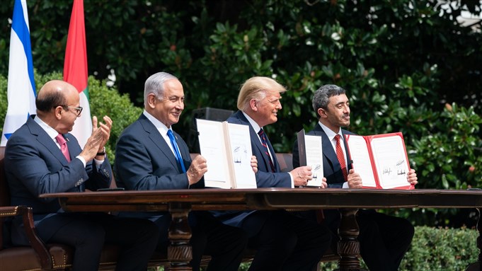 Abdullatif bin Rashid Al Zayani, Benjamin Netanyahu, Donald Trump, and Abdullah bin Zayed Al Nahyan attend the Abraham Accords ceremony in The White House (Washington DC, USA - September 15, 2020) via Wikimedia Commons
