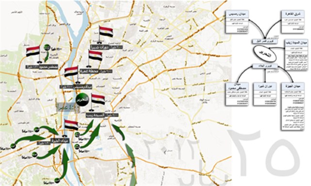[Map showing different meeting points for 25 January demonstrators. Image from Ahram Online.]
