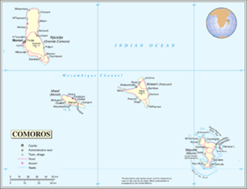 [Map of Comoros Islands. Image by United Nations via Wikimedia Commons]