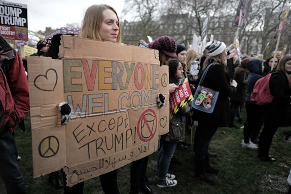 [Protesters outside the US Embassy in London, 4 February 2017. Photo by Alisdare Hickson, via Flickr]