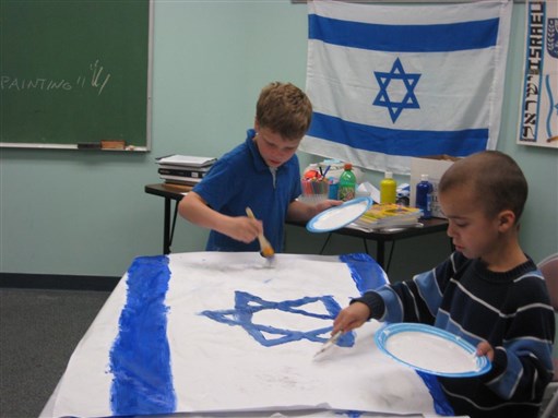 [Third graders painting an Israeli flag. Image from the author.]