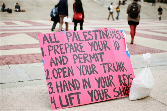 [Columbia Students for Justice in Palestine organized a mock Israeli Checkpoint to raise awareness of human rights abuses and subsequent obstruction of education. Image by Andra Mihail.]