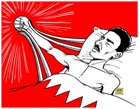 [Abdulhadi Al-Khawaja on hunger strike. Cartoon by Carlos Latuff