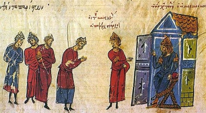 [Byzantine envoys before Caliph al-Mu`tasim (seated, right). Image of miniature from the \"Madrid Skylitzes\" via Wikimedia Commons]
