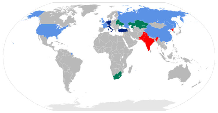 [Map of nuclear-armed states of the world. Image by Bourgeois via Wikimedia Commons]