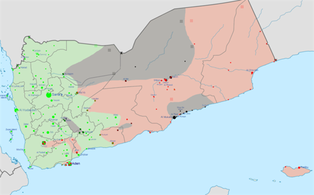 [Illustration of Current territorial situation in Yemen. Houthi forces are shown in green. Image by Wikimedia Commons User 0ali1.]
