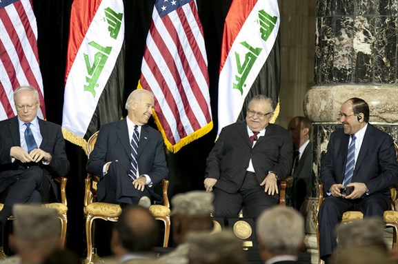 [Jalal Talabani, Nouril al-Maliki, and Joe Biden on 1 December 2011 during \"Iraq`s Day of Commitment.\" Image by dvidshub/flickr.]