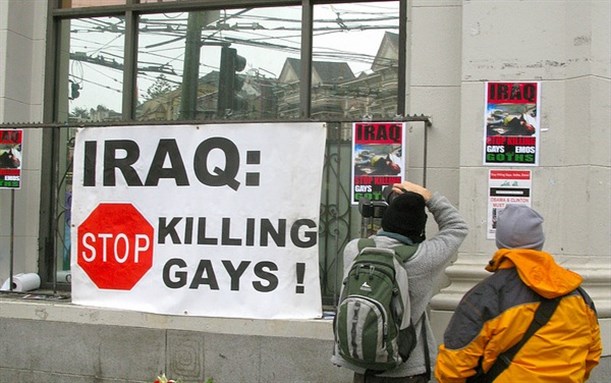 [Iraq: Stop Killing Gays banner in the Castro District, San Francisco, CA.]