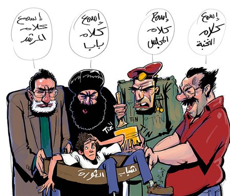 [The Muslim Brotherhood, The Coptic church, The elites and The SCAF fight to control the Jan25 youth. Image by Ahmad Nady. From Wikimedia Commons.]