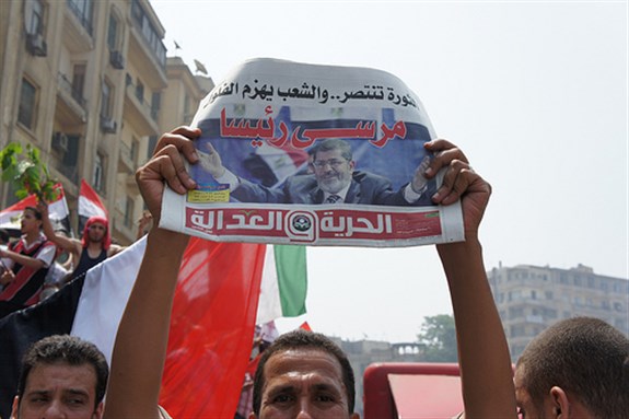 [Mohamed Mursi supporters in Tahrir Square. Image originally posted to Flickr by Zeinab Mohamed.]