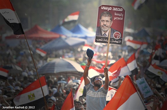 [Celebrations begin as Mohamed Morsy wins the Egyptian presidential elections. Image originally posted to Flickr by Johnathan Rashad.]