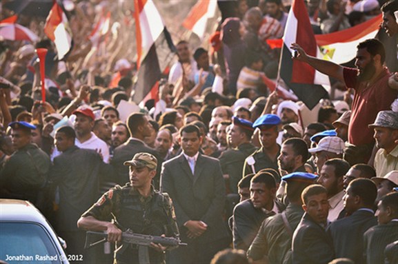 [President Morsi adresses Tahrir. Image originally posted to Flickr by Johnathan Rashad.]