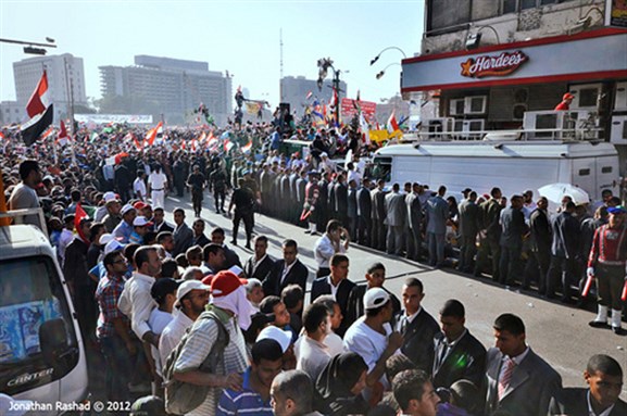 [On June 29th, President Mohamed Morsi adressed the thousands of Egyptians staying in Tahrir Square. Image originally posted to Flickr by Johnathan Rashad.]