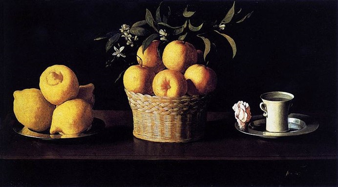 [Francisco de Zurbarán, \"Still Life with Lemons, Oranges, and Rose\" (1633). Collection of the Norton Simon Museum, California. Image via Wikimedia Commons.]