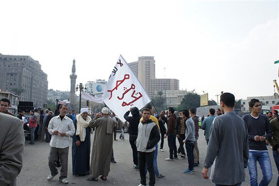 [Protests on November 27th in Tahrir square against Morsi`s constitutional declaration. Image originally posted to Flickr by Zeinab Mohamed.]
