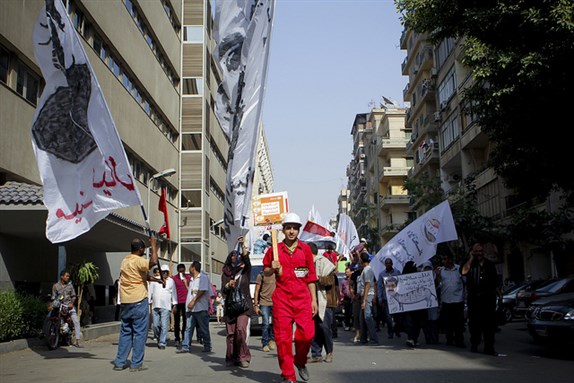 [Egyptian workers march to Shura Council on May Day, 2013. Image by Gigi Ibrahim.]