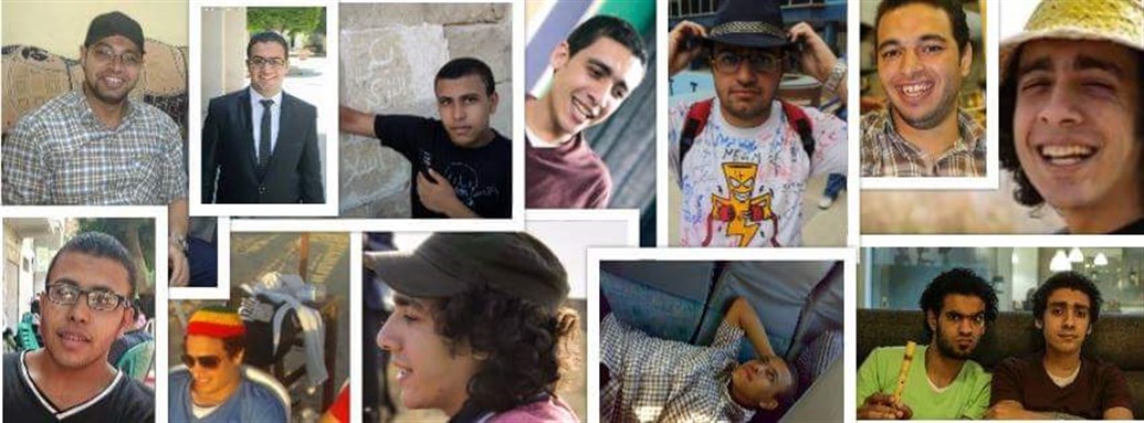 [Some of the defendants sentenced to death on Sunday by an Egyptian military court. Photo from the No Military Trials for Civilians Facebook page.]