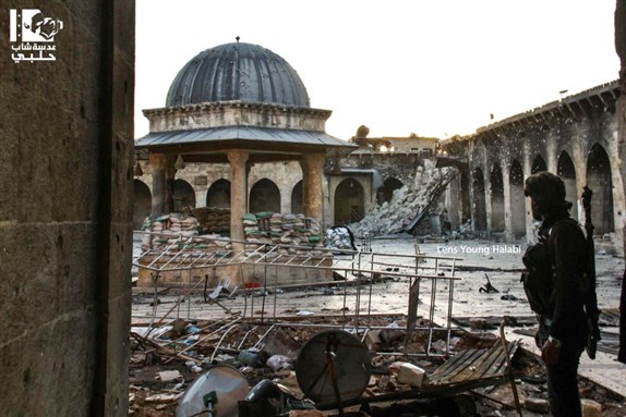 [The Ummayad Mosque of Aleppo, whose 1000-year old minaret has been destroyed. 24 April 2013. From Lens of A Young Halabi.]