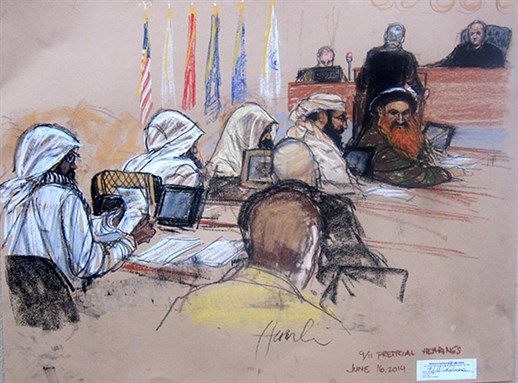[The five 9/11 defendants in the Guantánamo military commission, June 2014. Artwork by Janet Hamlin.]