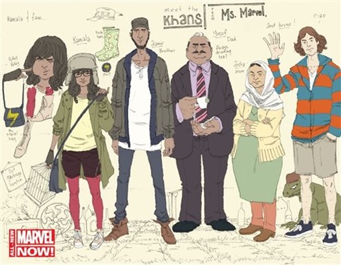 [This comic book image released by Marvel Comics shows character Kamala Khan , second left, with her family Aamir, father Yusuf, mother Disha and friend Bruno, from the \"Ms. Marvel\" issue. The new monthly Ms. Marvel is debuting as part of the Company’s popular All-New Marvel NOW! initiative. Image by Marvel Comics via Associated Press]