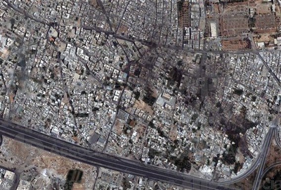 [Satellite image provided by DigitalGlobe of the Qabun neighborhood in Damascus. July 18, 2012. AP Photo/Digital Globe.]