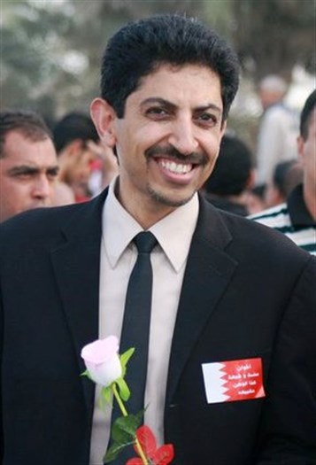 [Abdulhadi Alkhawaja taking part in a pro-democracy march in February 2011. Image by Bahrain Centre for Human Rights.]