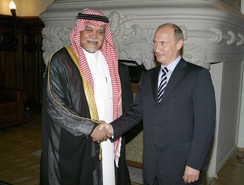 [Saudi Prince Bandar bin Sultan - who has offered Russia an oil deal in return for their support for removing the Asad regime - meeting with Vladimir Putin in 2008. Image from premier.gov.ru/Wikimedia]