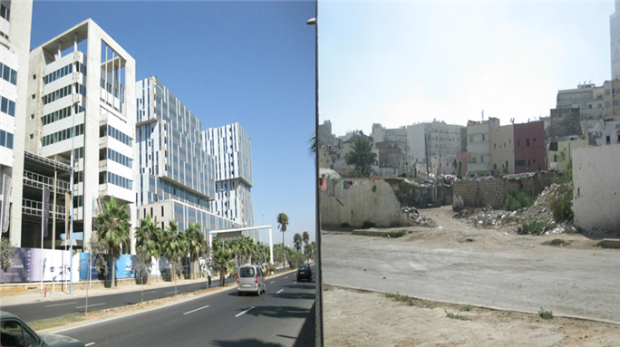 [A picture of the Casablanca Marina project under construction (2013), and the slums right across it. Image by author.]