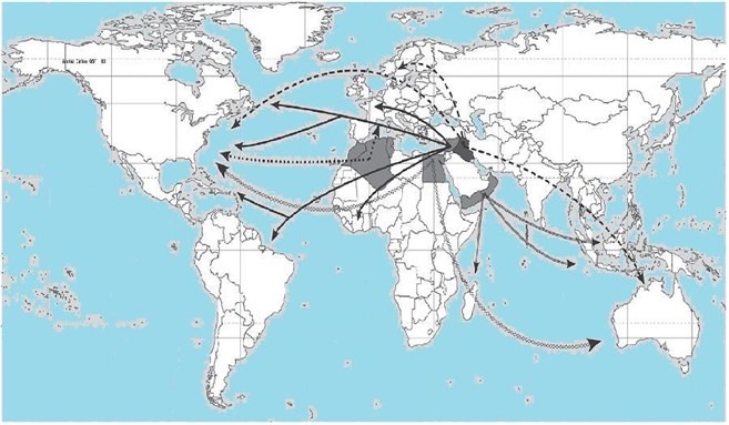 [A visual representation of major trends in global Arab migrations, from Louise Cainkar`s article in the anniversary issue of ASJ. Map courtesy of Louise Cainkar.]
