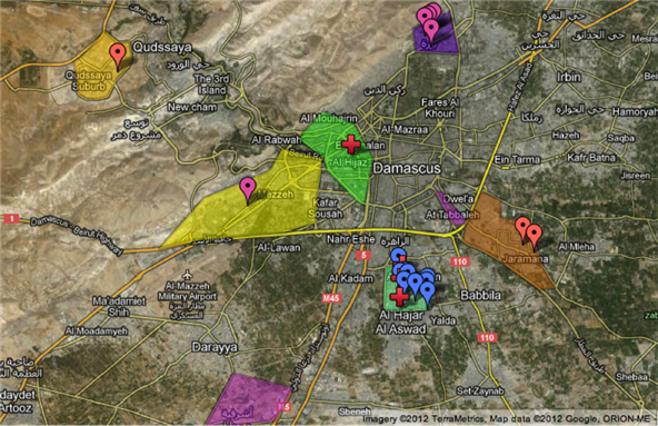 [Interactive google map made by Damascus LCCs showing shelters and medical aid centers in the city. Via \"Damascus Civil Emergency Broadcast.\"]