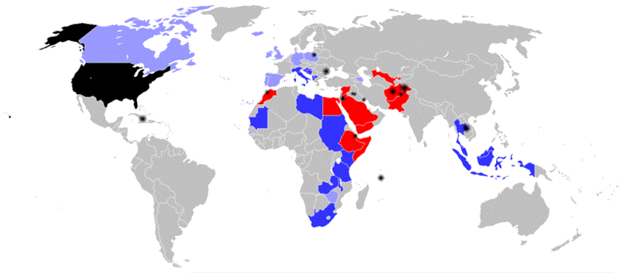 [Map indicating the U.S. and suspected CIA \"black sites (black), countries where extraordinary renditions have been carried out (blue), countries detainees have been transported through (violet) and countries where detainees have allegedly arrived. Image by Carwil of English Language Wikipedia.]
