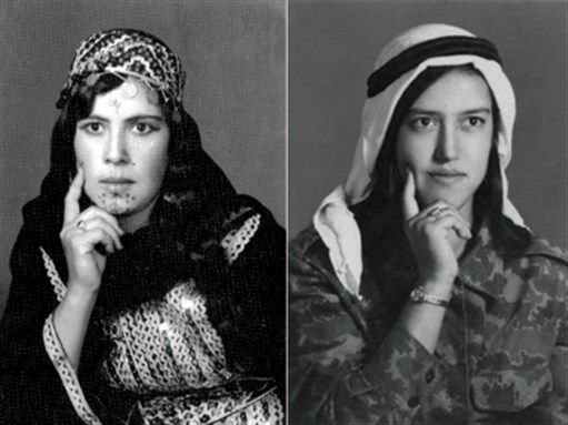 [Fatima Hammdo in a traditional dress and an army uniform, from the Alkarsiffi family album, 1970s.]