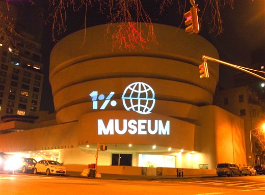 [G.U.L.F.`s guerilla projection on the side of New York`s Guggenheim Museum. 24 March 2014. Image from G.U.L.F.]