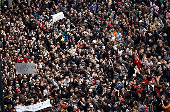 [Protest in Tunis, 2011. Image from unknown archive.]